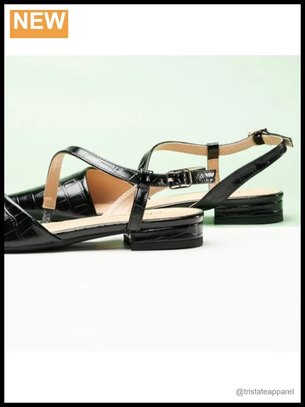 Slingback Flats Pointed Toe Lambskin Insole Block Heel Croc Embossed
